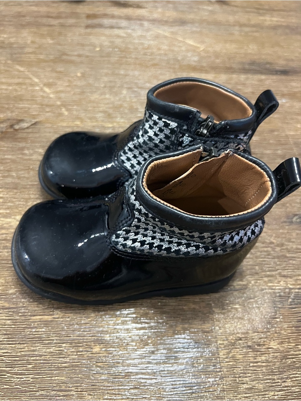 Pom D'Api Black Patent Ankle Boots with Houndstooth Trim